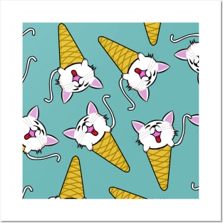 Cute Kawaii Cat in Ice Cream Cone Random Pattern Posters and Art